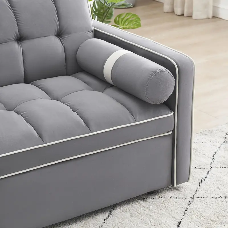 Sofa 3 w 1 z funkcją spania z aksamitu – kompaktowa, rozkładana sofa dwuosobowa z regulowanym oparciem, wysuwanym materacem i schowkami (szara, 141 cm)