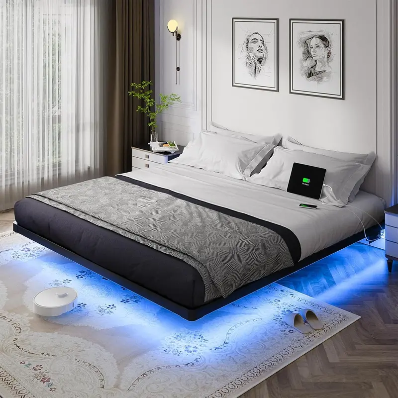 Pływające łóżko platformowe OLEVS o wymiarach queen-size — inteligentne oświetlenie LED, elegancka metalowa rama i minimalistyczny styl
