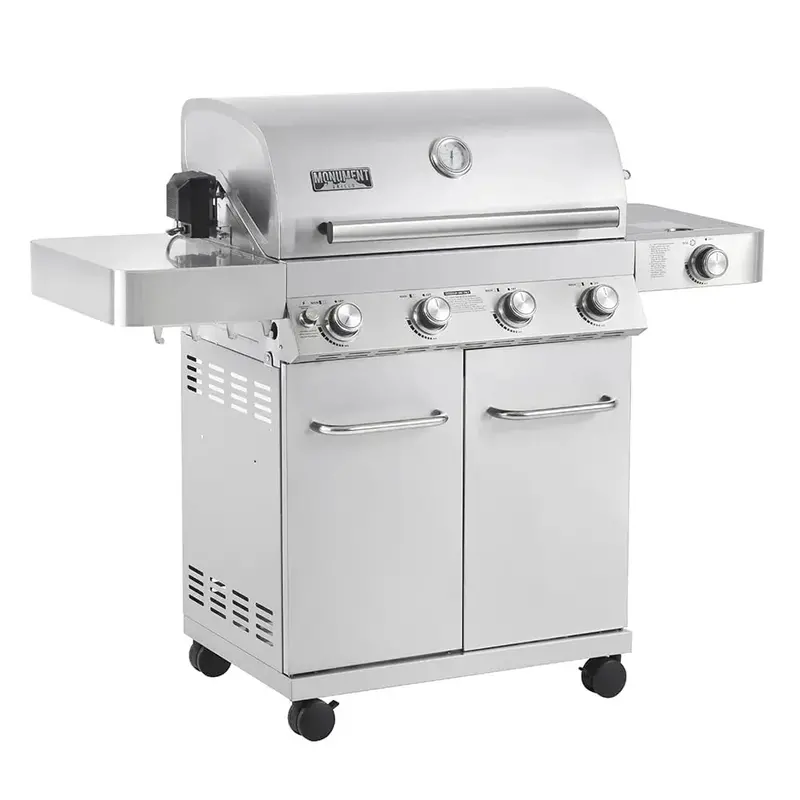 Grill gazowy Monument Grills 4-palnikowy na propan – stal nierdzewna, w zestawie zestaw rożna