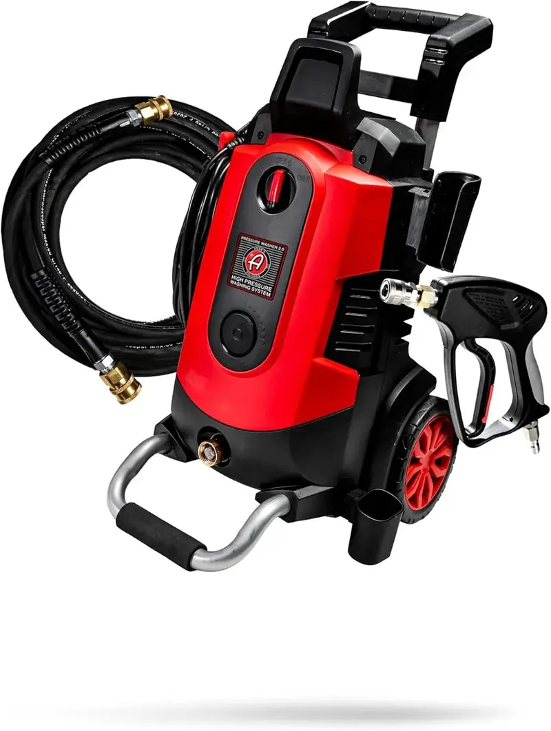 Elektryczna myjka wysokociśnieniowa do samochodów i tarasów (2000 PSI – 1,4 GPM) z krótką dyszą natryskową, zbiornikiem na detergent i zestawem akcesoriów.