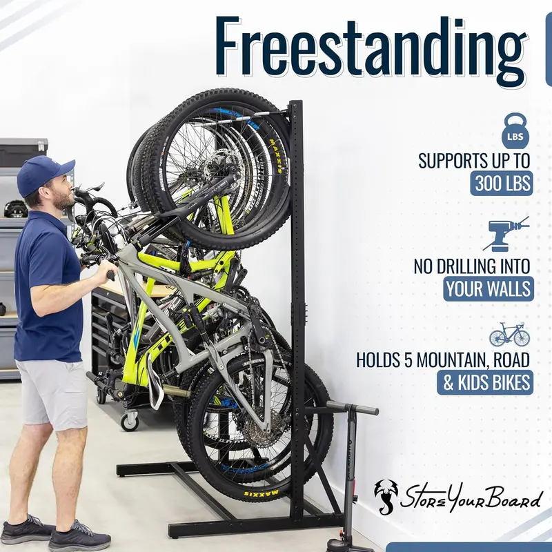 Stojący trójkątny bagażnik rowerowy StoreYourBoard Teal – mieści do 5 rowerów dzięki oszczędzającej miejsce pionowej konstrukcji