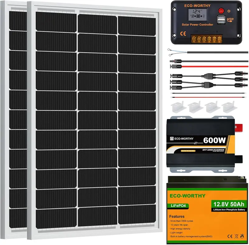 Zestaw startowy z panelem słonecznym o mocy 200 W i napięciu 12 V do kamperów, przyczep kempingowych, szop, domków z bali i pomp wodnych do zastosowań poza siecią.