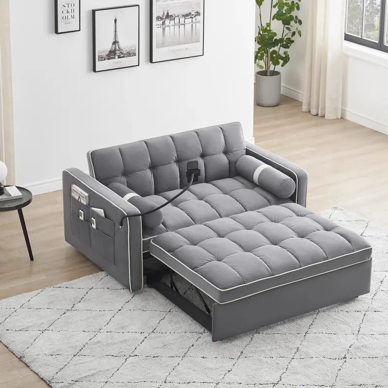Sofa 3 w 1 z funkcją spania z aksamitu – kompaktowa, rozkładana sofa dwuosobowa z regulowanym oparciem, wysuwanym materacem i schowkami (szara, 141 cm)