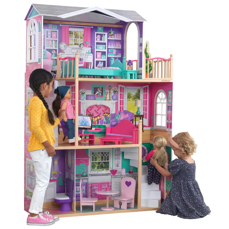 Drewniany domek dla lalek KidKraft Manor 45 cm, 3 piętra, 12-częściowy zestaw mebli, odpowiedni dla lalek o wzroście 45 cm i powyżej 1,5 m.