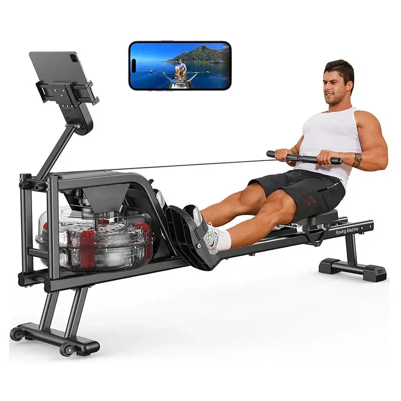 Składany hybrydowy wioślarz z napędem magnetycznym/wodnym – Bluetooth, udźwig 159 kg, uchwyt na tablet i ergonomiczne siedzisko.