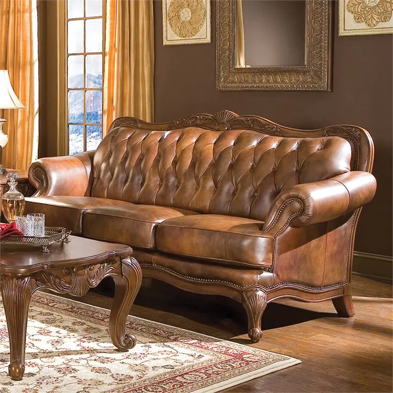 Skórzana sofa pikowana Kingfisher Lane z zaokrąglonymi podłokietnikami, ciepły brąz