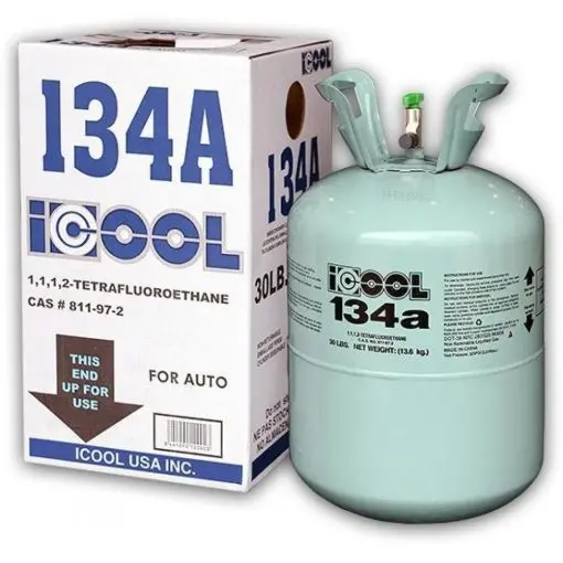 Zbiornik na czynnik chłodniczy R-134A – 13,6 kg (30 funtów), wyprodukowany w USA, kompatybilny z samochodowymi systemami klimatyzacji i chłodzenia.