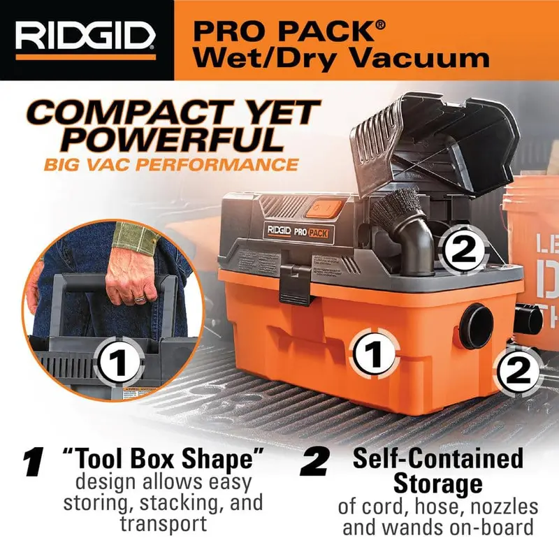 Odkurzacz RIDGID ProPack o pojemności 4,5 galona i maksymalnej pojemności 5,0 l z filtrem przeciwpyłowym, blokowanym, rozciągliwym wężem i akcesoriami WD4522
