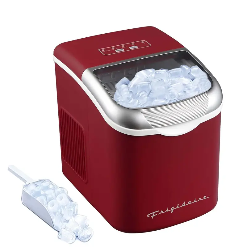 Maszyna do lodów Frigidaire Retro – kompaktowy model o wydajności 11,8 kg na dobę, w wykończeniu czarnym i różowo-złotym.