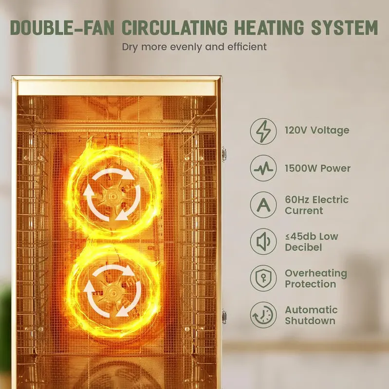 Komercyjna suszarka do żywności z 16 tackami, 1500 W, regulacja temperatury 70-90°F