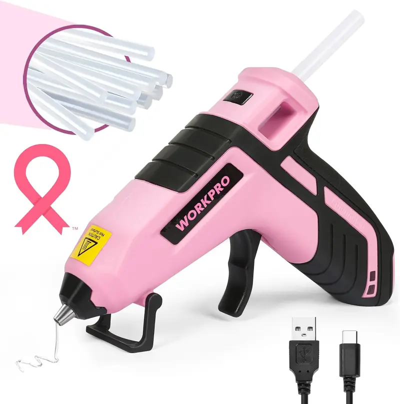 Ulepszony bezprzewodowy pistolet do klejenia WORKPRO 3,6 V — 20 mini klejów w sztyfcie, edycja z różową wstążką