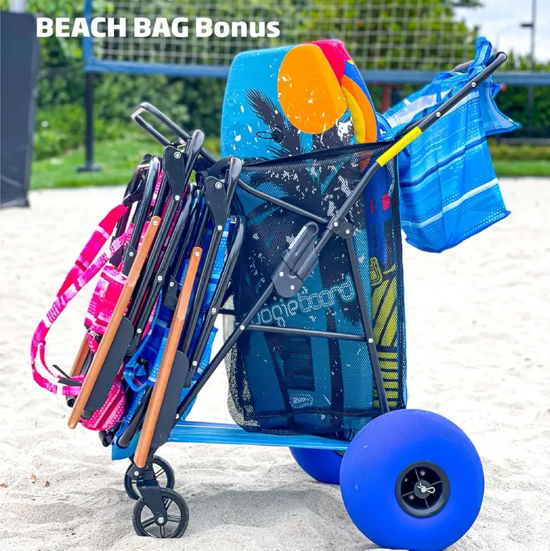 Wózek plażowy BlueWave Deluxe z kołami balonowymi, składany, mieści 4 krzesła i parasol, zawiera wyjmowaną torbę, niebieskie paski