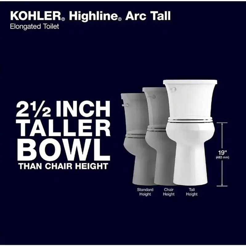 KOHLER Highline Arc Extra-Tall 2-częściowa toaleta przedłużona – 1,28 GPF, jedno spłukiwanie, biała (wraz z deską sedesową), model 78305-0