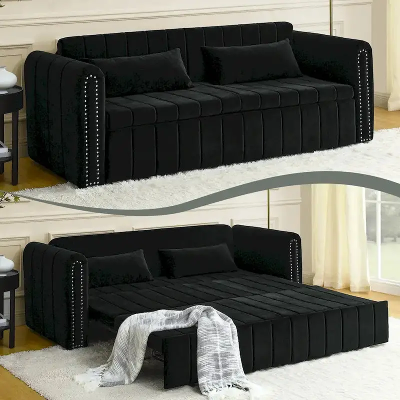 Rozkładana sofa wypoczynkowa z aksamitu – nowoczesne, zaokrąglone podłokietniki z ozdobnymi mosiężnymi ćwiekami.