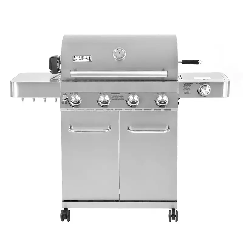 Grill gazowy Monument Grills 4-palnikowy na propan – stal nierdzewna, w zestawie zestaw rożna