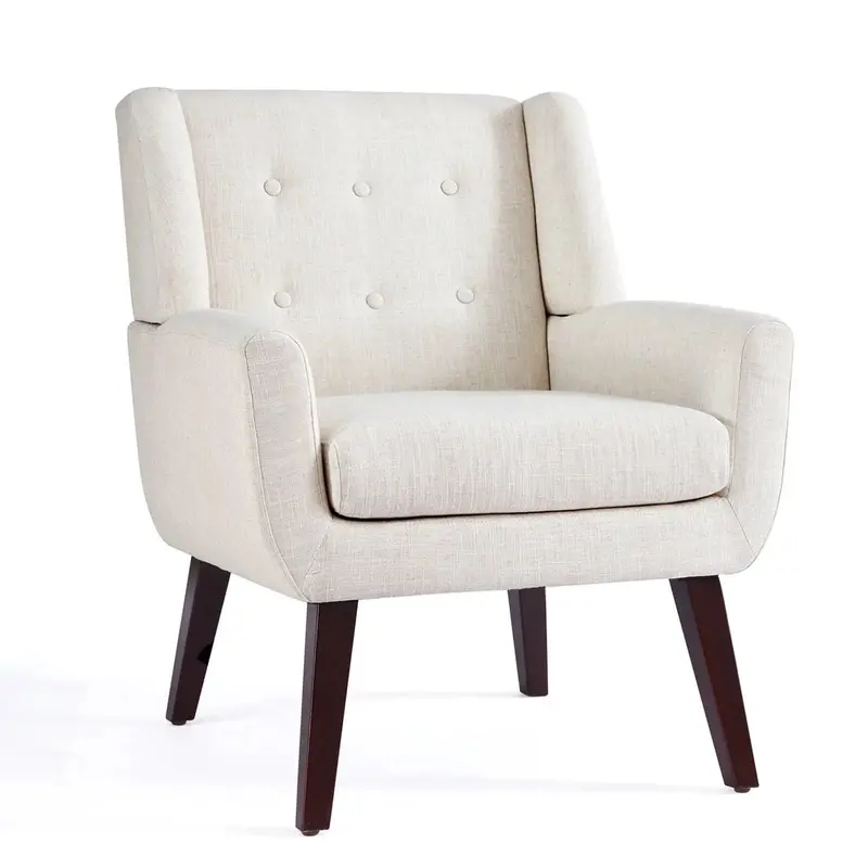 Fotel akcentowy Huimo w stylu Mid-Century Modern – beżowy tapicerowany fotel do czytania z ozdobnymi guzikami do salonu lub sypialni