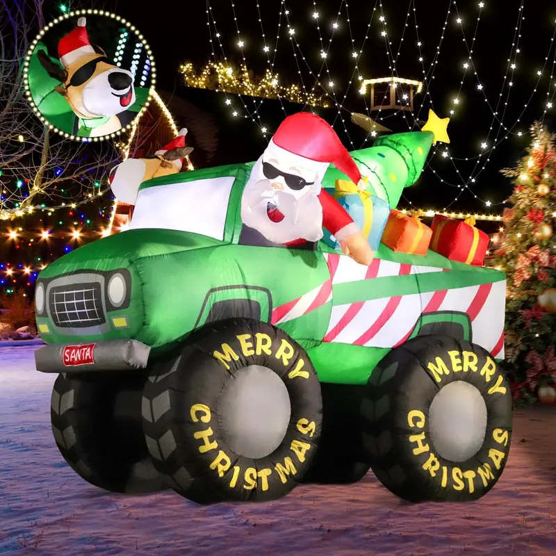 DomKom 8FT nadmuchiwany świąteczny Monster Truck z Mikołajem, reniferami i światłami LED – dekoracja ogrodu na święta