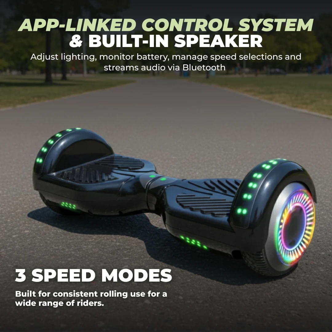 Hoverboard z dwoma silnikami o mocy 250 W, Bluetooth, sterowanie aplikacją, oświetlenie LED Hoverboard z dwoma silnikami o mocy 250 W, Bluetooth, sterowanie aplikacją, oświetlenie LED