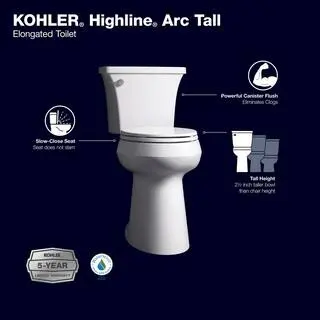 KOHLER Highline Arc Extra-Tall 2-częściowa toaleta przedłużona – 1,28 GPF, jedno spłukiwanie, biała (wraz z deską sedesową), model 78305-0