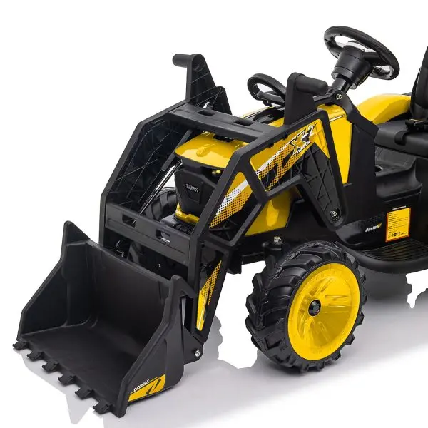 Ciągnik pedałowy 3 w 1 24 V – tryby koparki i spychacza, zdalne sterowanie, oświetlenie LED, USB/Bluetooth (żółty)