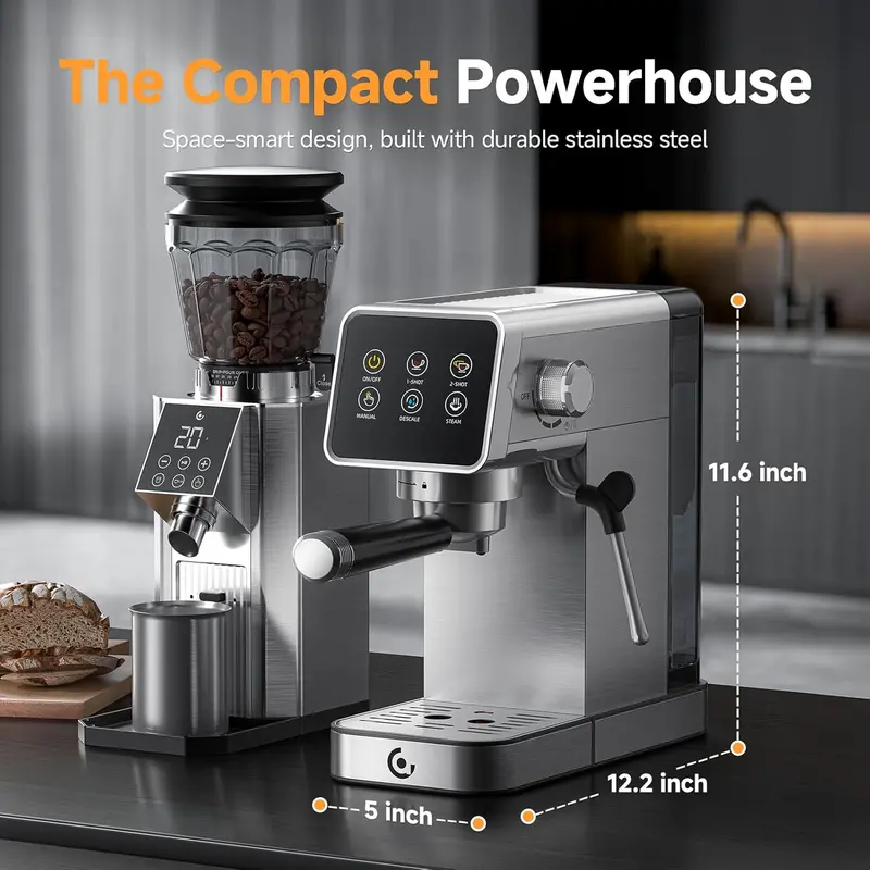 Ekspres do kawy z 20-barowym ekranem dotykowym LED, automatycznym czyszczeniem i wbudowanym spieniaczem do mleka do cappuccino i latte.