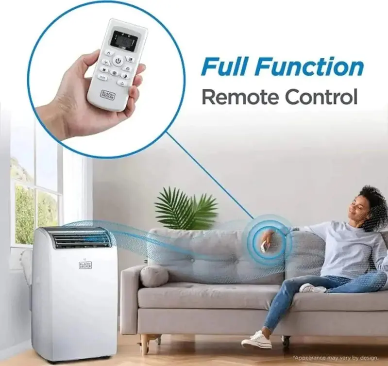Klimatyzator przenośny BLACK+DECKER o mocy 14 000 BTU – chłodzi do 700 stóp kwadratowych (ok. 65 m²), zawiera pilota zdalnego sterowania