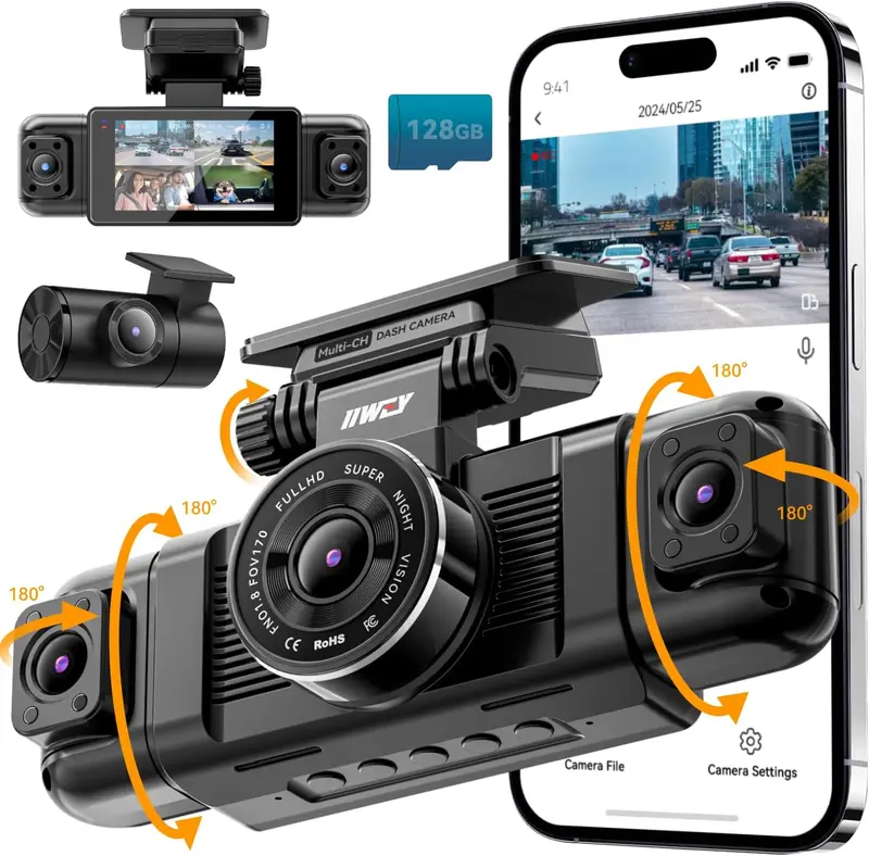 System wideorejestracji 360° z 4 kamerami – nagrywanie przodu, tyłu i boków w rozdzielczości 1080p, 8 lampami podczerwonymi, sterowanie za pomocą aplikacji 5G Wi-Fi i bezpłatna karta SD o pojemności 128 GB.