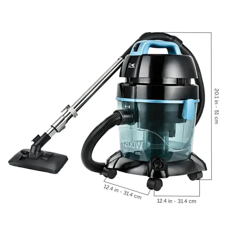 Niebieski odkurzacz z filtrem wodnym – nadaje się do użytku na mokro i na sucho, z filtrem HEPA i separacją cyklonową.