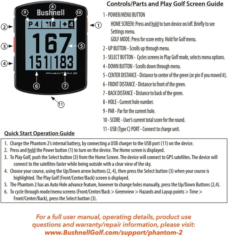 Dalmierz golfowy GPS Bushnell Phantom 2 z technologią PinSeeker i sprzężeniem zwrotnym wibracji