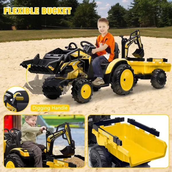 Ciągnik pedałowy 3 w 1 24 V – tryby koparki i spychacza, zdalne sterowanie, oświetlenie LED, USB/Bluetooth (żółty)